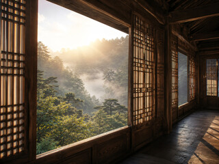 Fototapeta premium Hanok Corridor Window with Misty Forest Morning Sunlight