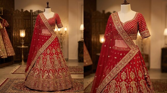 Ornate Red Indian Bridal Lehenga Choli with Gold Embroidery and Elegant Traditional Wedding Dupatta
