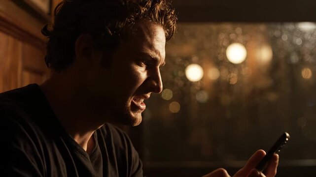 Man thinks deeply at night with warm window light behind. Thoughtful man contemplates alone in evening. Man thinking with pensive expression at night. Deep thinking man reflects at window.