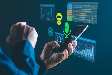 Obraz premium AI Voice Assistant and AI Agents Dashboard on Smartphone with Business Analytics and Automation Technology