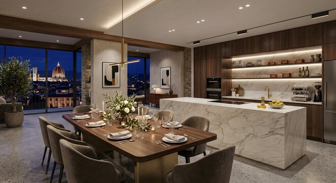 Luxury modern dining room with Florence skyline view at night