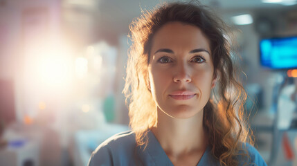 Obraz premium Confident female nurse looking at camera in sunlit hospital ward, symbolizing healthcare professionalism and compassionate support