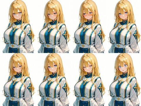 Anime girl sprite sheet, fantasy cleric priestess with multiple emotional expressions and faces, character sheet grid