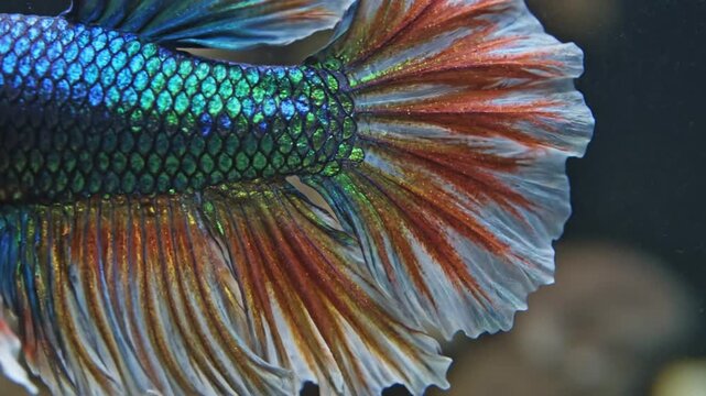 Macro view of iridescent scales and tail of betta fish