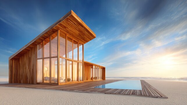 Contemporary wooden residence featuring extensive glass walls overlooks a beachfront setting at sunset