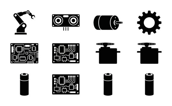 Industrial Robot Arm, Circuit Boards, Motors, Gears, Servos, Batteries: Technology Icons Set