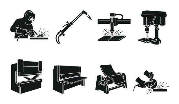 Industrial Manufacturing Equipment Icons: Welding, CNC, Drill Press, Bending, Grinding, Fabrication Tools