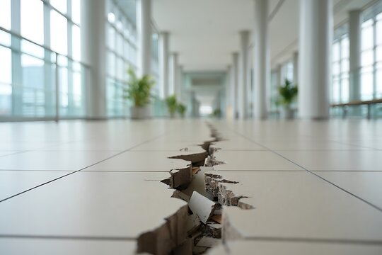 Close-up view of cracked building floor showing severe structural damage from earthquake, highlighting interior destruction, vulnerability and modern architecture failure requiring urgent repair.
