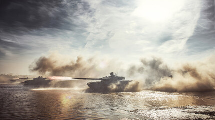 Obraz premium Main battle tank moving through water, firing a shell with muzzle flash, smoke, and spray during a military exercise