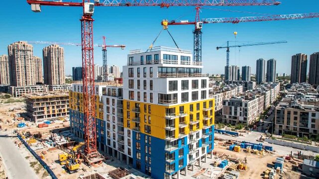 Modern modular housing units under construction, stacked like colorful Lego bricks with cranes at work in an urban development setting.