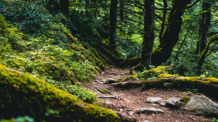 Fototapeta premium Forest path winding through green woodlands, lush moss covering trees and logs, natural light filtering through leaves
