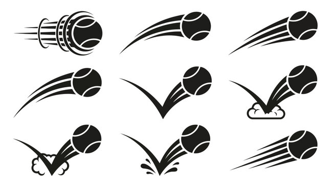 Vector Icons Black tennis ball motion icons set showing flying bouncing and spinning effects on white background. EPS Editable