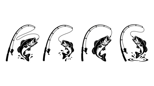 Vector Icons Black and white vector illustration set of bass fish jumping and caught on a fishing rod hook. EPS Editable