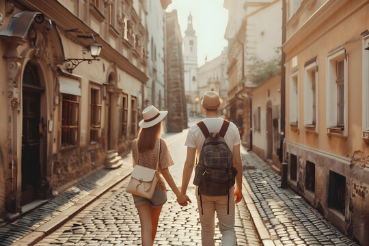 A man and a woman walk hand in hand down a cobblestone street in an ancient European city, wearing hats and backpacks while exploring architectural landmarks during their romantic summer vacation trip