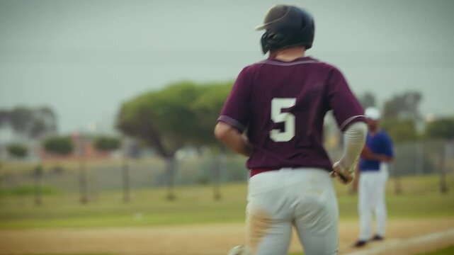 A baseball player hits a pitch, drops the bat, and runs the bases with determination. He sprints across the diamond, showcasing athletic effort during the game.