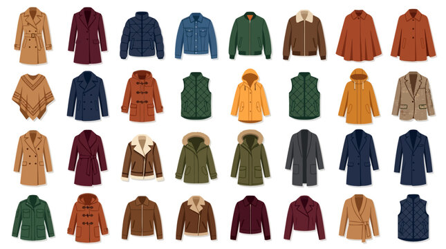 Vector Icons Collection of various winter coats and jackets vector illustration set isolated on white background. EPS Editable