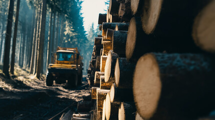 Obraz premium Stacked logs in forest with logging truck in background, sunlight filtering through trees, timber industry