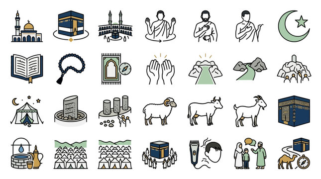 Vector Icons Islamic Hajj and Umrah pilgrimage line icon set featuring Kaaba mosque pilgrim and religious rituals. EPS Editable