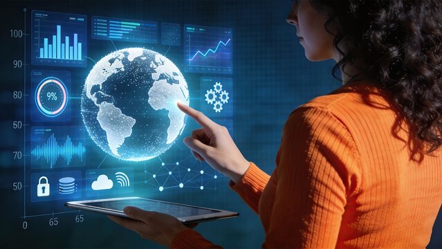 Woman touching virtual hologram of planet earth surrounded by digital interface screens with graphs and settings, illustrating global networking, big data management,
