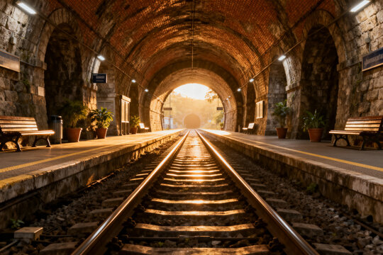 Sunlit Train Station Platform with Arched Brick Tunnel and Railway Tracks