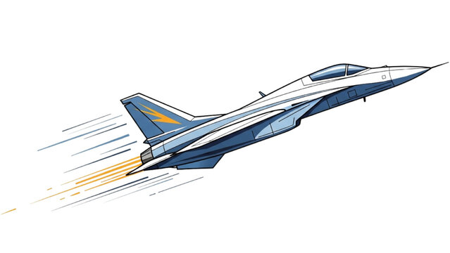 A 2D CAD Vector illustration of a fighter jet flying fast