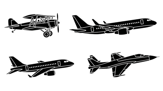 Four 2D CAD Vector airplanes on white background including propeller plane
