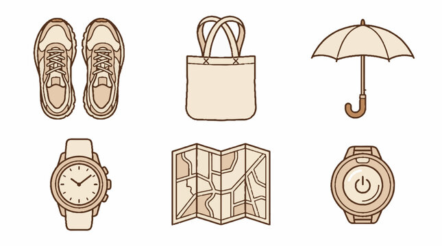 Set of travel and lifestyle icons including sneakers tote bag umbrella wristwatch map and power button in a simple hand drawn vector illustration style