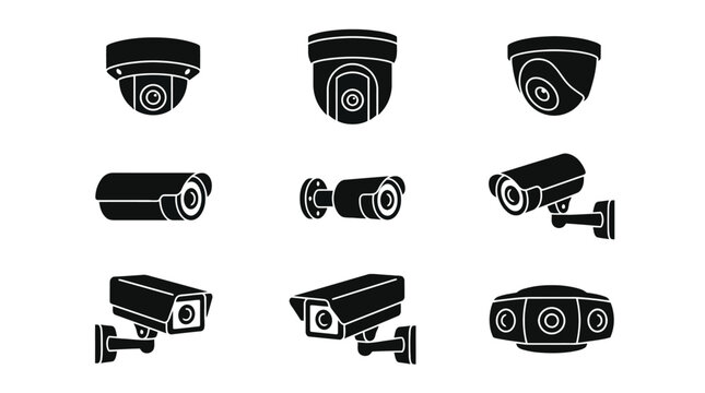 Vector Icons Set of black security camera icons and CCTV surveillance symbols isolated on white background. EPS Editable