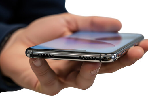 Hand holding smartphone with fingerprint sensor visible isolated on transparent background
