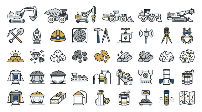 Vector Icons Set of hand drawn mining and industrial equipment icons in doodle style. EPS Editable