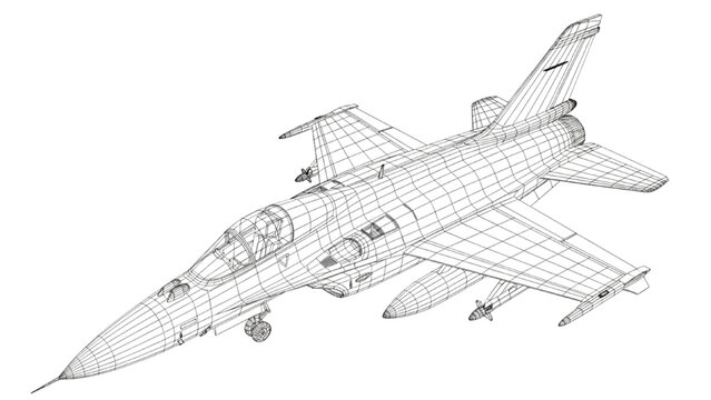 Detailed 2D CAD Vector illustration of a military fighter jet in flight