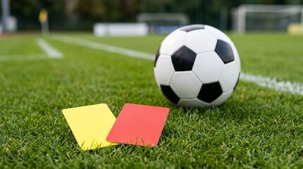 Fototapeta premium Soccer ball with red and yellow referee cards on green grass field during daytime