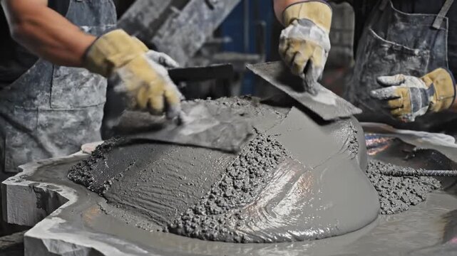 Workers meticulously apply wet concrete into intricate molds for a new construction project.
