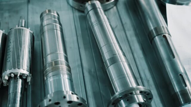 Close-up of precision machined steel shafts with threaded ends and flanged sections on a workshop table next to technical drawings, showcasing manufacturing and engineering.