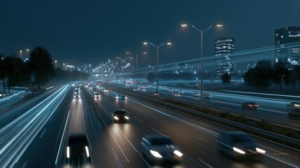 Obraz premium Long exposure shot of a highway at night. the highway is filled with multiple lanes of traffic, with cars driving on both sides. the cars are blurred, creating a sense of movement and speed.