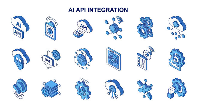 AI API Integration Isometric Icon Set