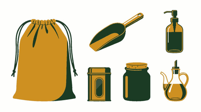 Set of zero waste lifestyle items including a drawstring bag scoop soap dispenser canister jar and oil cruet in a flat vector illustration style