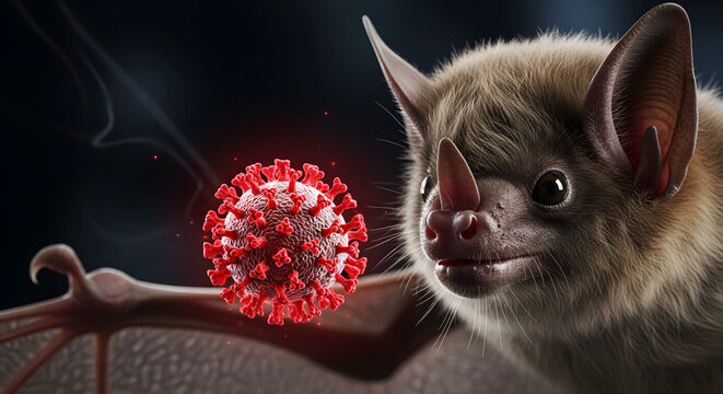 Close up of a bat looking at a coronavirus particle, zoonotic disease concept
