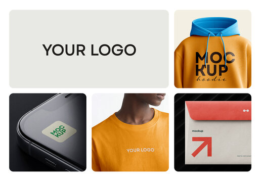 Multi-device corporate branding mockup collage set featuring a hoodie, t-shirt, smartphone app icon, and stationery envelope