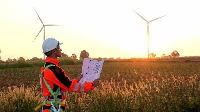 An engineer in safety gear reviews blueprints in a rural field at sunset, with wind turbines in the background, highlighting renewable energy planning and sustainable power infrastructure.