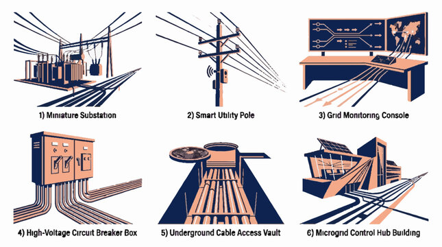 Vector illustration set of electrical grid infrastructure components including a substation utility pole monitoring console circuit breaker and vault