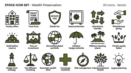 Fototapeta premium Comprehensive Vector Icon Set for Wealth Preservation, Financial Planning, and Asset Management