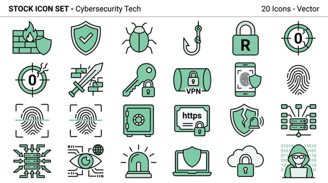 Cybersecurity Technology Stock Icon Set for Digital Data Protection and Online Security