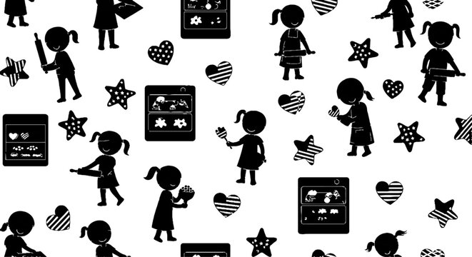 Children baking cookies seamless pattern with oven and kitchen tools
