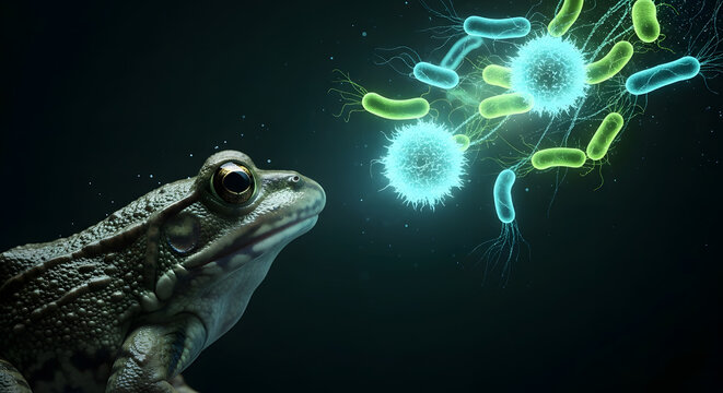 Close up of a frog looking at floating bacteria and microorganism models