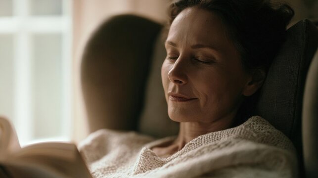 Middle-aged woman sitting in a chair and reading a book. she is wearing a white sweater and her hair is pulled back in a bun.