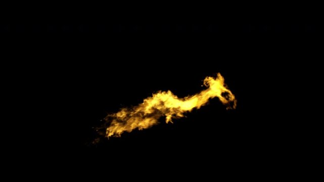 Realistic fire stream jet burning horizontally on an isolated black background for visual effects.