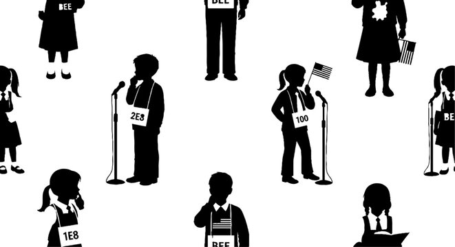 Students at spelling bee competition with microphone seamless pattern