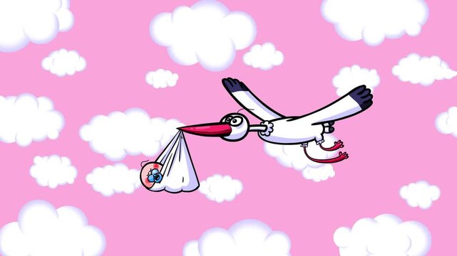 Cartoon storks typical bringing single baby cartoon animation. Big bird flying characters good for any film material seamless loop on pink clouds background.
