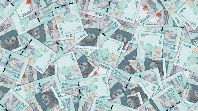 Finance illustration. Seamless pattern. Disorganized scattered paper banknotes of 2 thousand pesos Colombia. Colombian money. Textured background or wallpaper. Obverse and reverse. Bills of 2000 peso